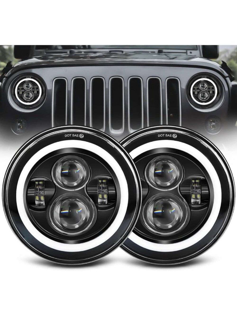 7-Inch LED Round Headlights - Projector Halo, Hi/Lo Beam, DRL, Amber Signal for